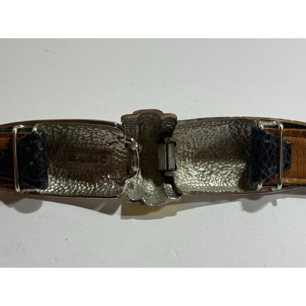 Alexis Kirk Reptile Leather Belt Sculptural Metal Clasp Vintage Statement Adjust - Picture 12 of 13